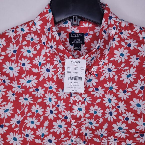 J Crew Shirt Large Floral Red Flex Washed Slim Fit Casual NWT - Picture 1 of 13